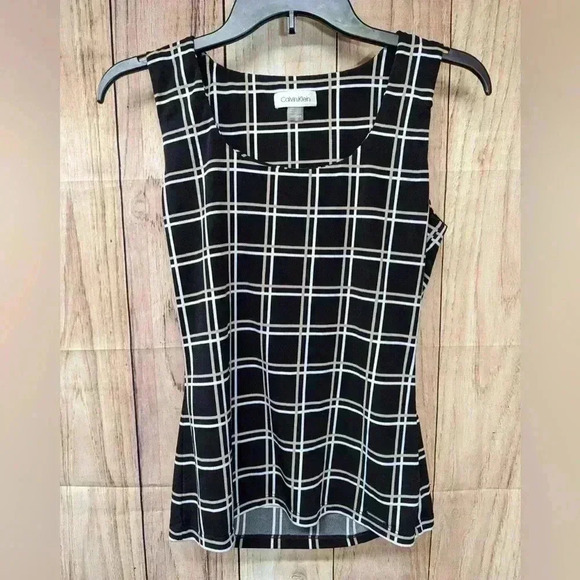 Calvin Klein Black, taupe and white Print Sleeveless Tank Top Blouse Pleated XS - Picture 1 of 4